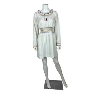 Vintage 60s Peasant Dress Womens M Multi Colored Embroidered Gathered Boho Mini